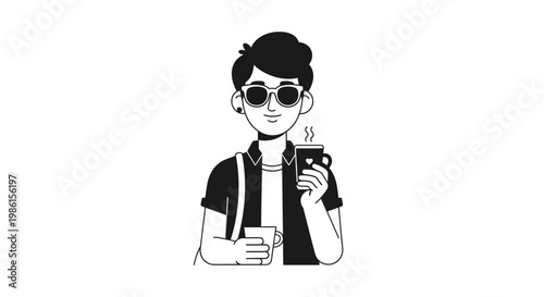 Young man with sunglasses holding a coffee cup and a phone