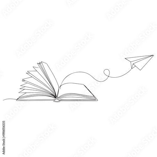 Open book and paper airplane vector illustration with line art white background imagination vector