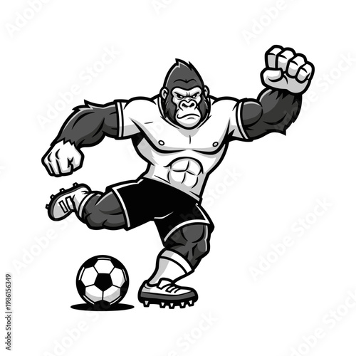 Powerful Gorilla Soccer Player Kicking Ball Monochrome Cartoon Vector Illustration