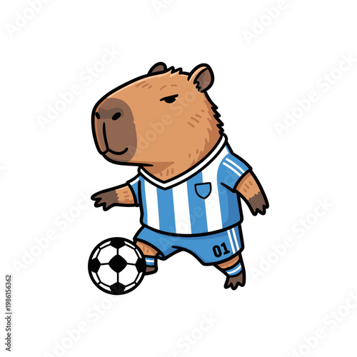 Cute Capybara Soccer Player Dribbling Ball Cartoon Vector Illustration