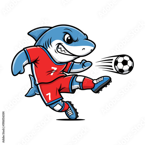 Aggressive Shark Soccer Player Kicking Ball with Speed Cartoon Vector Illustration