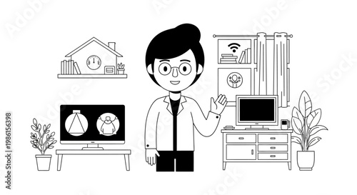 Medical professional in a modern home office with computer monitor plants and shelves