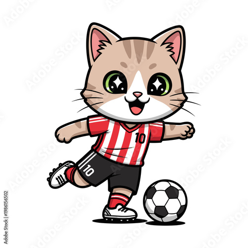 Adorable Cat Soccer Player with Big Eyes Kicking Ball Cartoon Vector Illustration