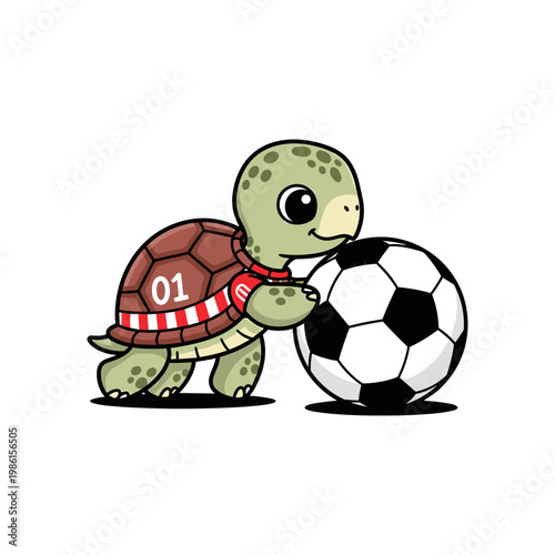 Cute Baby Turtle Soccer Player Pushing Large Ball Cartoon Vector Illustration
