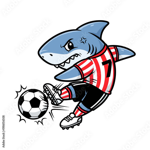Angry Shark Soccer Player Kicking Ball Aggressively Cartoon Vector Illustration