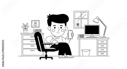 Young man working at home desk with computer and phone