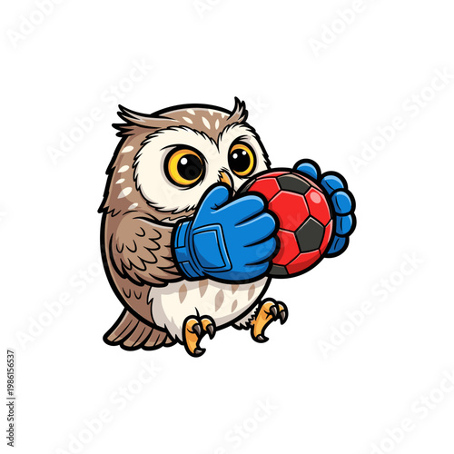 Cute Owl Goalkeeper Holding Red Soccer Ball Adorable Cartoon Vector Illustration