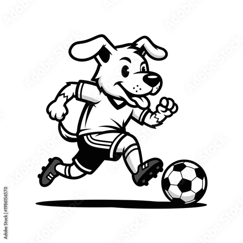 Happy Dog Soccer Player Dribbling Ball Monochrome Cartoon Vector Illustration