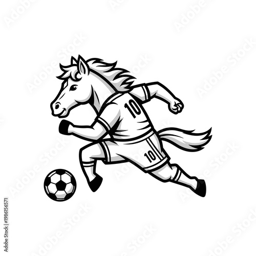 Strong Horse Soccer Player Kicking Ball Monochrome Cartoon Vector Illustration