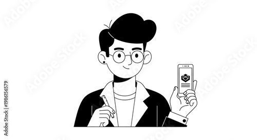 Businessman holding smartphone and stylus with logo on screen