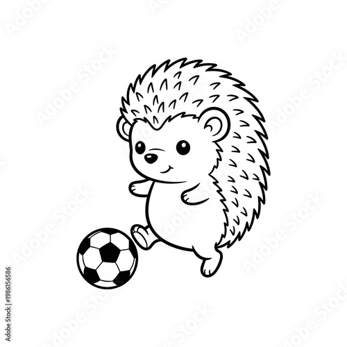 Cute Hedgehog Soccer Player Dribbling Ball Monochrome Cartoon Vector Illustration
