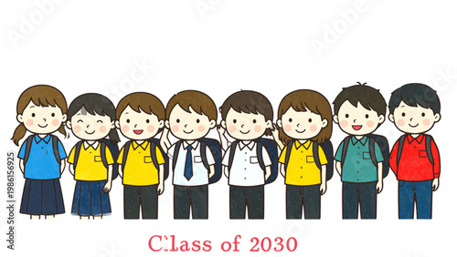 Group of seven cartoon children wearing different colored shirts standing in a row Vector