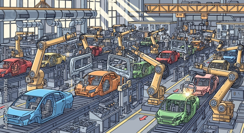Photos Robotic arms in a factory assembly.