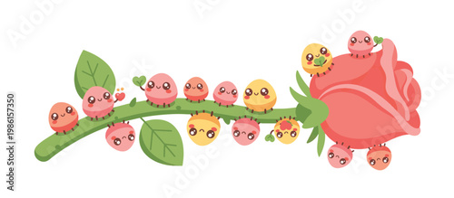 Colorful aphids crawling on a pink rose and green stem. Garden pest concept. Flat design vector illustration isolated on transparent background