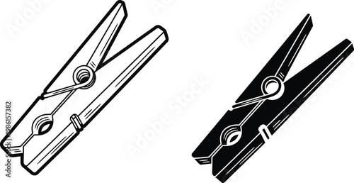 Wooden clothespin icon set with outline and solid silhouette graphics