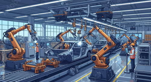 Foto Robotic arms in industrial factory setting.
