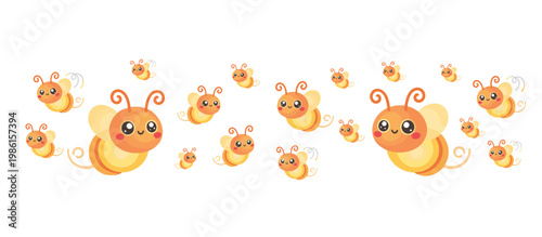 Cartoon glowing fireflies flying in a swarm. Kawaii flat design vector illustration isolated on transparent background