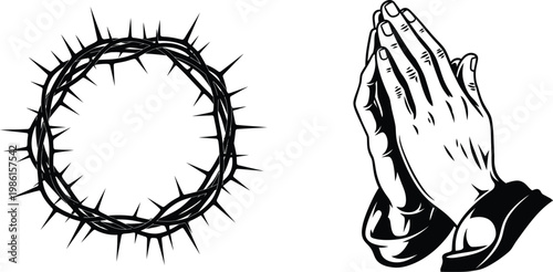 Crown of thorns and praying hands, religious symbols, faith and hope