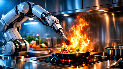 An advanced robotic chef in a smart kitchen employs AI‑driven automation to enhance precision, maintain safety, and optimize efficiency in culinary processes.