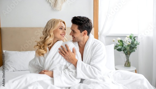 Smiling couple in robes, sitting in a sunlit bed, with a soft focus floral arrangement on the nearby table