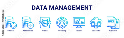 Data Management web banner icon vector illustration with icons of Database, Add Database, Database, Processing, Statistics, Data Center and Publication