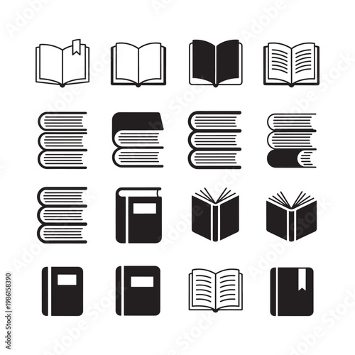 Collection of black and white book and reading material icons