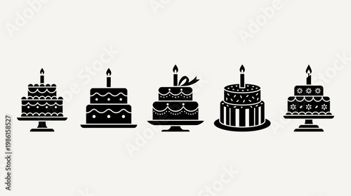 inimalist flat icon set of birthday cakes, arranged side by side.
