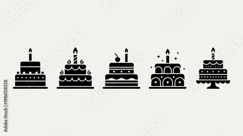 inimalist flat icon set of birthday cakes, arranged side by side.