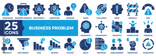 Business Problem Icon Set Collection In Solid Glyph Dual Color Style. Pack Contain Complexity, Uncertainty, Volatility, Competition, Pressure, Loss, Decline, Failure, Bottleneck, Problem Icon