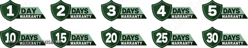 日数保証アイコンセット（1日〜30日）シールドデザインの短期保証バッジ　Daily Warranty Badge Icon Set 1 to 30 Days Shield Guarantee Labels
