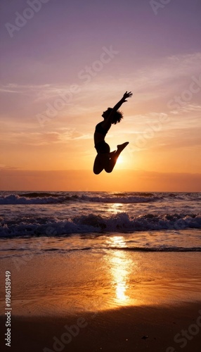 Woman jumping high against sunset at beach. Athletic girl silhouette exercising outdoors. Concept of freedom, energy, active lifestyle and vacation at sea to reduce stress and enjoy summer.
