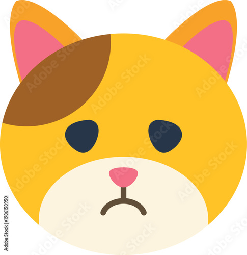 Yellow feline illustration with brown patch on head and downward curving mouth