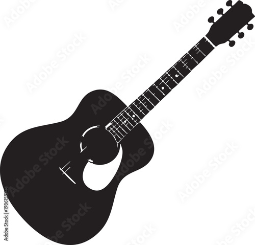A black silhouette of an acoustic guitar on a white background for music or art projects