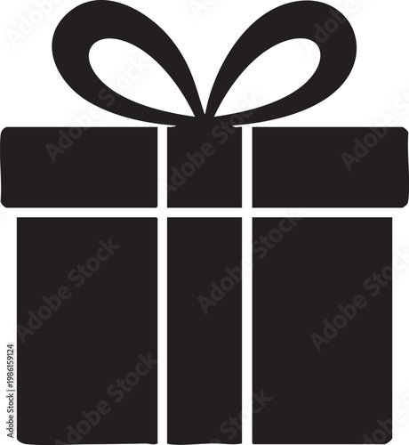 A large black gift box with a ribbon tied in a bow on top in a graphic illustration style