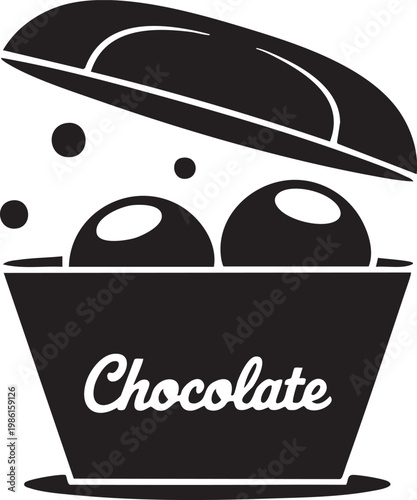 Black and white illustration of a chocolate dessert in a bowl with a lid on top