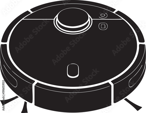 Black and white illustration of a robot vacuum cleaner with white outlines on a plain background