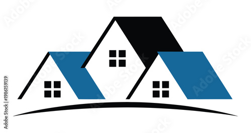 Modern stylized illustration of three houses with a hillside background, clean vector design featuring simple architecture shapes, natural landscape elements