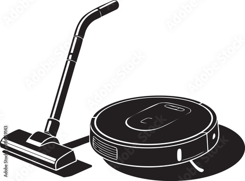 Black and white illustration of a robotic vacuum cleaner and traditional vacuum cleaner