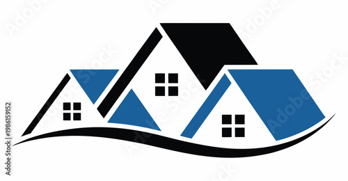 Modern stylized illustration of three houses on a hillside background, minimal vector composition showing residential homes, rolling landscape
