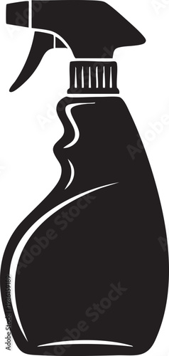 Black silhouette of a spray bottle with nozzle on white background for cleaning or household use