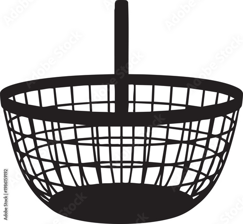 Black silhouette of a wire mesh basket with handle on a white background for design and illustration purposes
