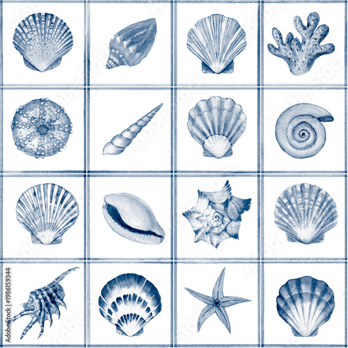 Blue watercolor seashells seamless pattern, ocean tile design