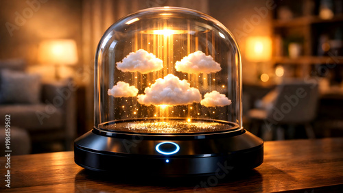 Within a sleek glass enclosure, a luminous device creates tiny clouds, showcasing futuristic home technology, advanced climate control, and atmospheric innovation.