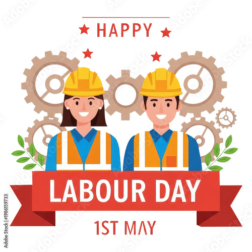 Labour day graphic with workers and gears on transparent background
