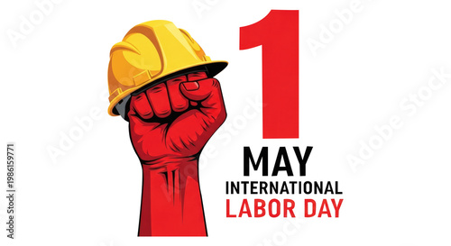 International labor day celebration with workers fist and hard hat on transparent background