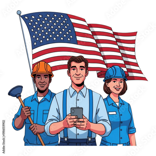 Three american workers with usa flag, symbolizing patriotism and teamwork in industry transparent background png