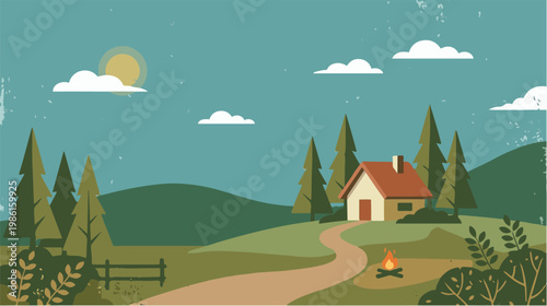 Peaceful countryside landscape with a small house, forest, hills, and campfire under a clear sky, illustrating rural life and nature tranquility.