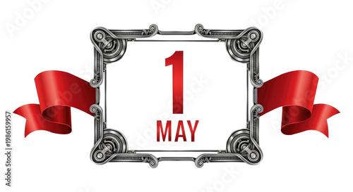 May 1st calendar date with decorative metal frame and red ribbons on transparent background