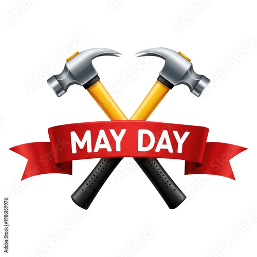 illustration of two crossed hammers with a red may day banner isolated on transparent background