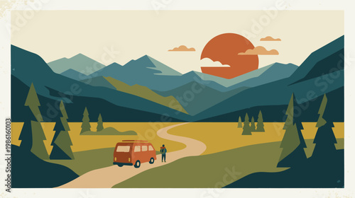 Scenic mountain landscape with a camper van on a winding road at sunset, representing travel, adventure, and outdoor exploration.